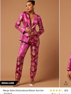 Fuchsia Margot Satin Embroidered Blazer Suit Set 3X